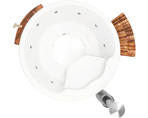 Runde Whirlpool Badewanne mit Holzverkleidung und Abflussrohr von oben.
