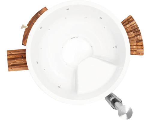 Runder Whirlpool mit Holzverkleidung und Abflussrohr, Draufsicht