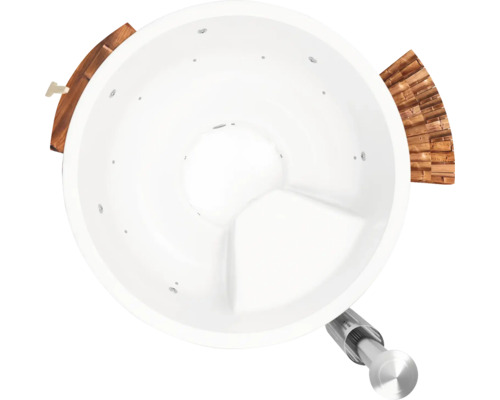 Aufnahme von oben eines runden Whirlpools mit Holzverkleidung und Abflussrohr.