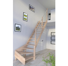 Raumansicht mit Holztreppe und Edelstahlgeländer