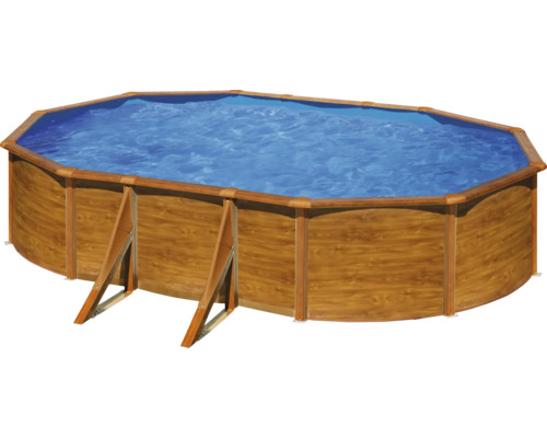 Aufstellpool Stahlwandpool-Set Gre oval 527x500x122 cm inkl. Kartuschenfilteranlage & Leiter Holzoptik