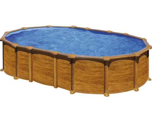 Aufstellpool Stahlwandpool-Set Gre oval 634x399x132 cm inkl. Sandfilteranlage, Skimmer, Leiter, Filtersand, Anschlussschlauch & Bodenschutzvlies Holzoptik