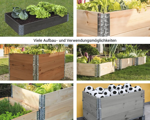 Verschiedene Hochbeete aus Holz mit Metallverbindungen und unterschiedlichen Bepflanzungen.