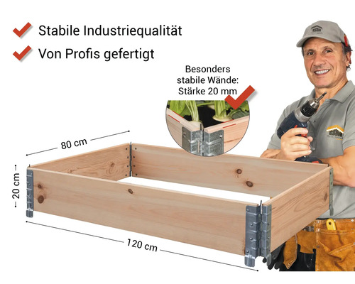 Holz-Hochbeet mit den Maßen 120 x 80 x 20 cm und einem Handwerker mit Akkuschrauber