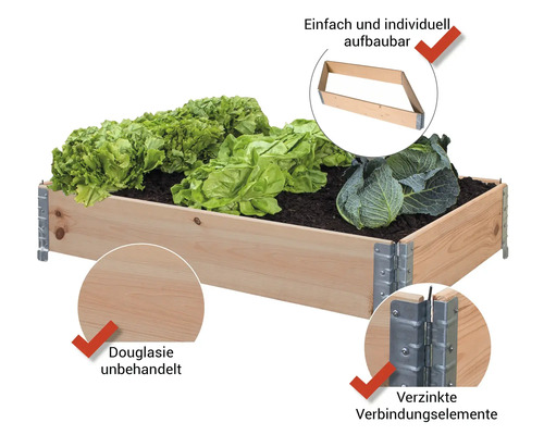Hochbeet aus Douglasie mit Salat, Kohl und verzinkten Verbindungselementen, einfach aufzubauen