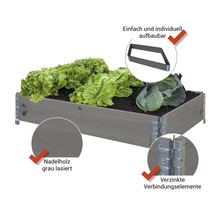 Hochbeet aus lasiertem, grauem Nadelholz mit verzinkten Verbindungselementen
