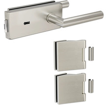 Glastürbeschlag Set mit Schlosskasten, Griff und zwei Türbändern