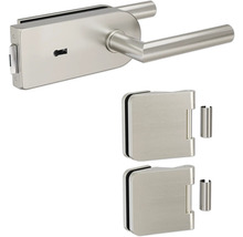 Glastürschloss mit Drückergarnitur und zwei Glasklemmbeschlägen