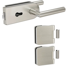 Glastürbeschlag-Set mit Türdrücker und zwei Türbändern