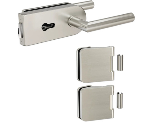 Glastürbeschlag-Set mit Türdrücker und zwei Türbändern