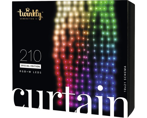 LED Lichterkettenvorhang Twinkly Generation II 2,1 m 210 LEDs Lichtfarbe bunt kaltweiß inkl. App-Steuerung Twinkly Lichtervorhang Generation II mit 210 RGBW LEDs auf Verpackung