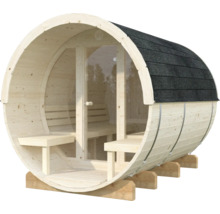 Fasssauna aus Holz mit Dachschindeln und Glastür