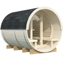 Fasssauna aus Holz mit Dach und Glastür