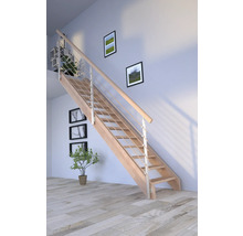 Holztreppe mit Edelstahlgeländer in einem hellen Raum