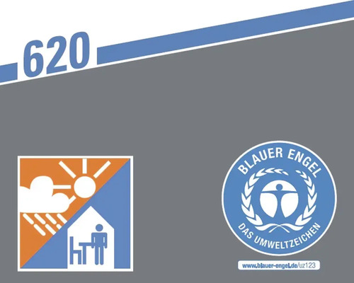 Symbol kennzeichnet Produkte mit geringen Emissionen und Innenraumverträglichkeit und Blauer Engel Logo