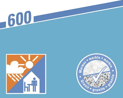 Symbol für Wetterbeständigkeit und Anwendbarkeit im Innenbereich sowie Eignung für Marmor und Granit