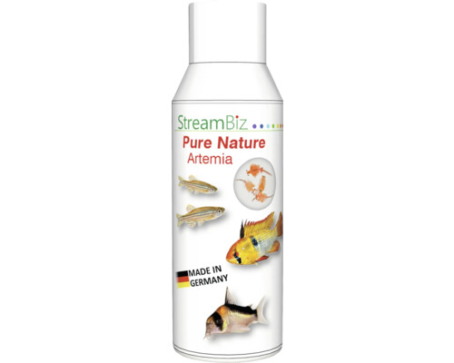 Aquariumfischfutter StreamBiz Pure Nature – Artemia 100 ml Stream Biz Pure Nature Artemia Fischfutter in einer weißen Flasche