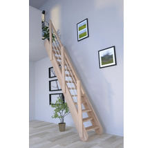 Holztreppe mit Geländer in einem hellen Raum.