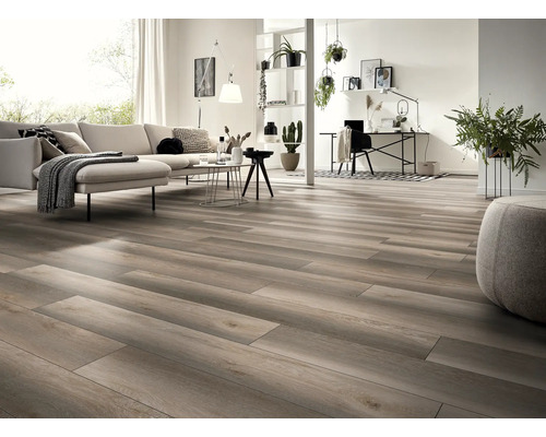 Heller Wohnraum mit Holzboden, Sofa, Tisch und Arbeitsplatz