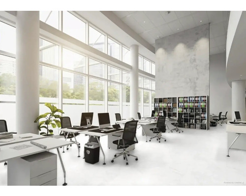 Helles Büro mit Schreibtischen, Bürostühlen und Regalen