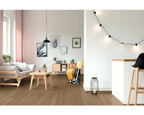 Wohnzimmer mit Holzboden, Sofa, Tisch und Dekoration