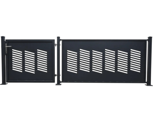 Gartenzaun und Gartentor aus Metall mit Streifenmuster