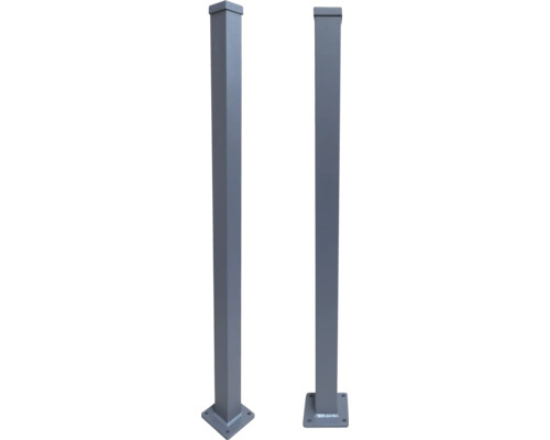 Zwei Zaunpfosten aus Metall mit quadratischer Grundplatte
