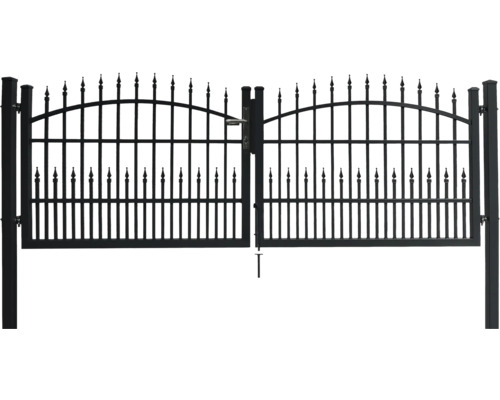 Schwarzes Gartentor aus Metall mit horizontalen und vertikalen Streben