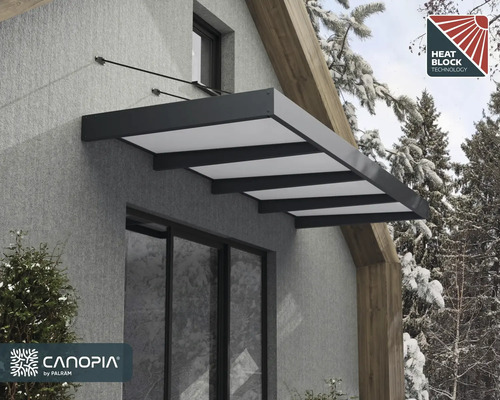 Vordach mit Heat Block Technology am Haus montiert