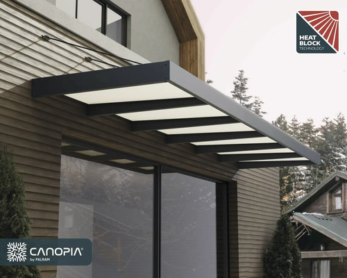 Vordach aus Aluminium und Polycarbonat mit Heat Block Technology