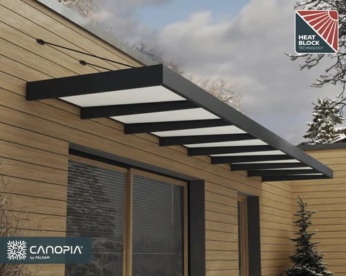 Vordach mit Heat Block Technology und Canopia by Palram Logo