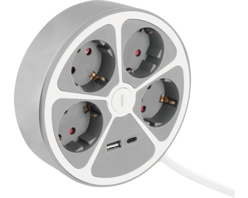 Runde Steckdosenleiste mit vier Steckdosen und USB-Anschlüssen
