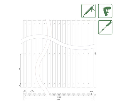 Zeichnung eines Sichtschutzzauns mit Maßangaben und Werkzeugsymbolen