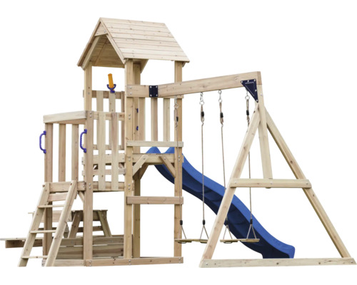 Spielturm aus Holz mit Rutsche und Schaukel