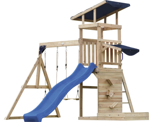 Spielturm aus Holz mit Rutsche und Schaukel