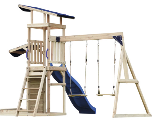 Spielturm aus Holz mit Rutsche und Schaukeln für den Außenbereich