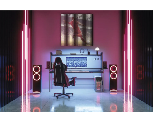 Einrichtung eines Gaming-Zimmers mit Schreibtisch, Stuhl, Computer, Lautsprechern und Wanddekoration