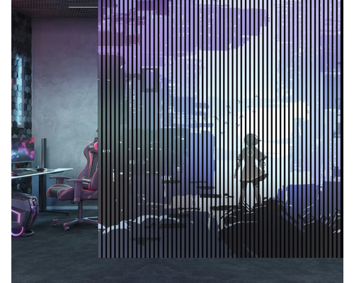 Modernes Zimmer mit Schreibtisch, Gaming-Stuhl und Lamellenwand