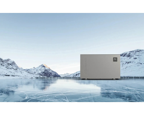 Szene mit Wärmepumpe vor verschneiter Berglandschaft