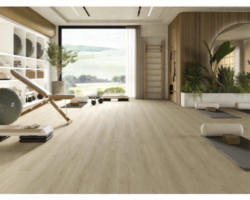 Heller Fitnessraum mit Trainingsbank, Sprossenwand und großen Fenstern.