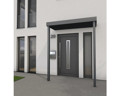 Gutta Vordach BS Plus 160 mit 2 Pfosten 160x90 cm Wasserablauf links Eingangsbereich eines Hauses mit Haustürvordach und Briefkasten