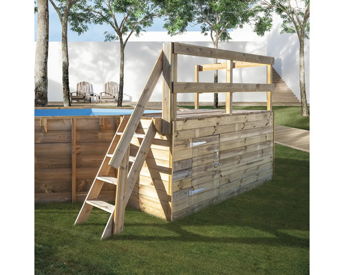 Holzpool mit Holztreppe und Plattform im Garten