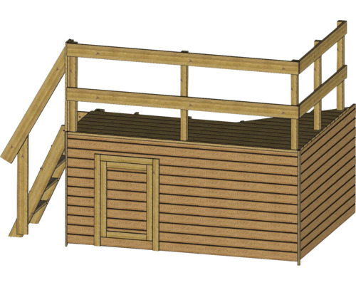 Illustration eines Holzgartenhauses mit Treppe und Geländer