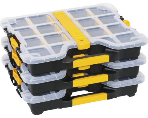 Sortimentsbox Allit EuroPlus Basic S 29/3i1, 295 x 155 x 235 mm, schwarz/gelb Stapel mit drei Sortimentskästen mit Fächern und transparenten Deckeln