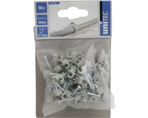 Packung mit fuenfzig Kabelklemmen mit Naegeln zur Befestigung von Kabeln