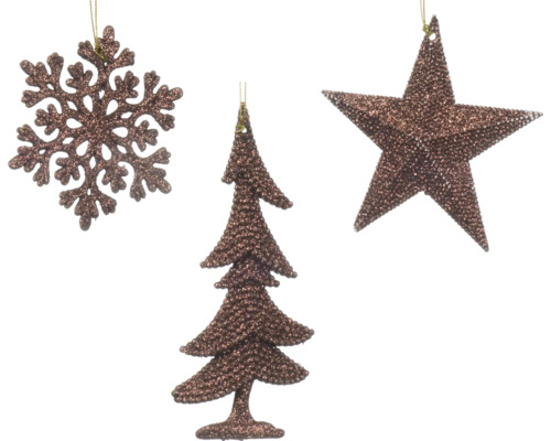 Dekorativer Christbaumschmuck: Schneeflocke, Baum und Stern