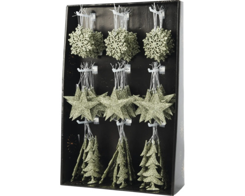 Verpackung mit Christbaumschmuck in Form von Sternen, Schneeflocken und Tannenbäumen