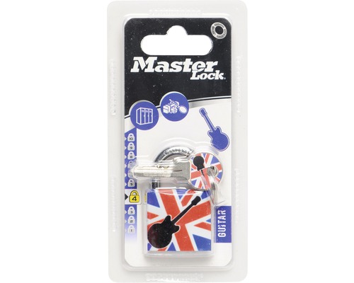 Master Lock Vorhängeschloss mit Gitarrenmotiv und Schlüssel in Verpackung