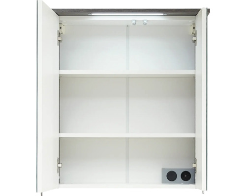 Offener Spiegelschrank mit Einlegeböden und Steckdose