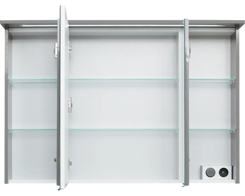 Offener Spiegelschrank mit Glasböden und Steckdosen für das Badezimmer